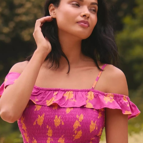 BY ANTHROPOLOGIE NWT OFF-THE-SHOULDER SMOCKED MIDI DRESS SIZE MEDIUM - Picture 6 of 7